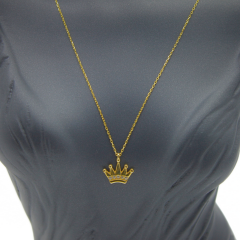 Taşlı Taç Logolu İnce Kolye